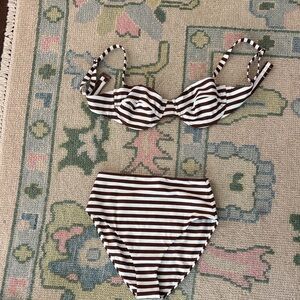 BNWOT Striped High-Waist Bikini Set in Brown and White - liner still attached
